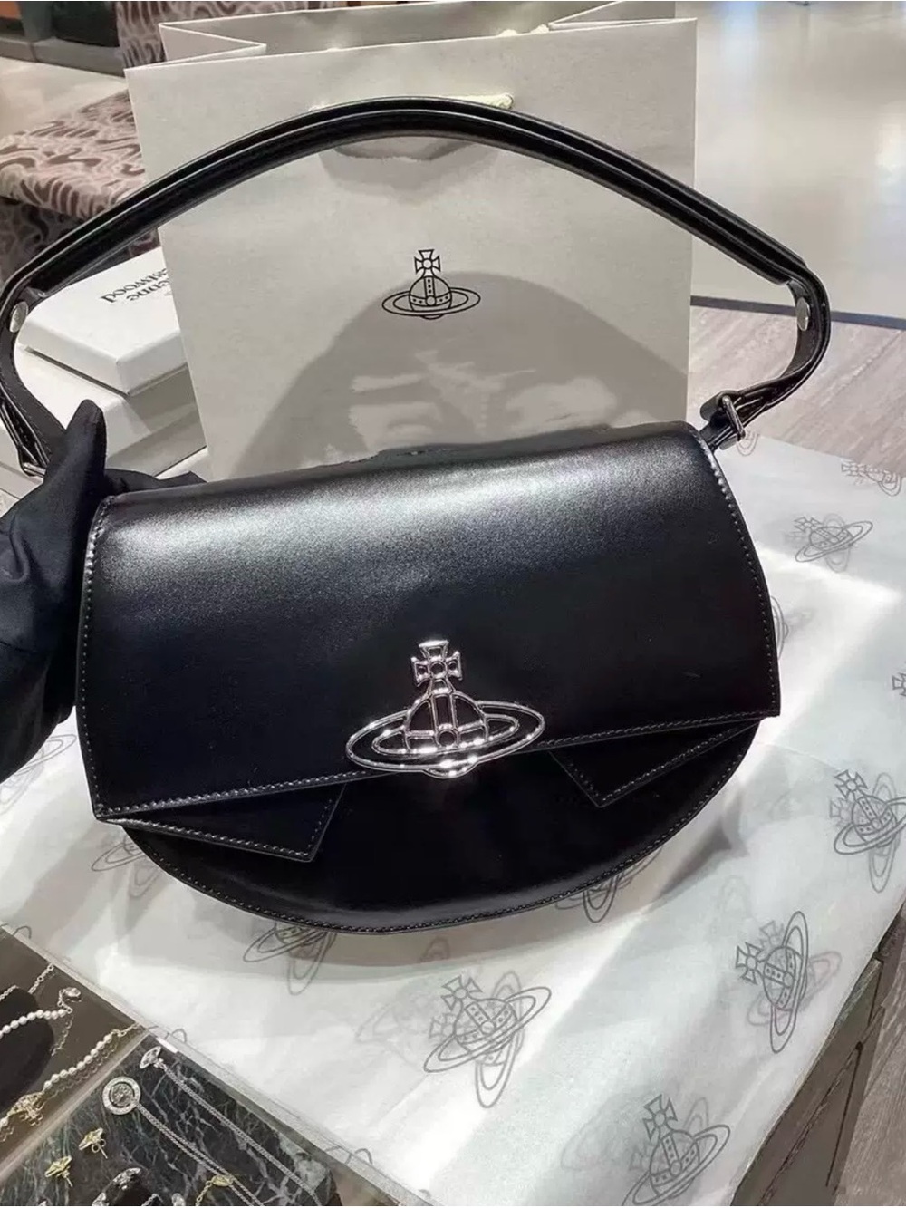 Vivienne Westwood Black Leather Orb Flap Shoulder Bag with Silver Hardware